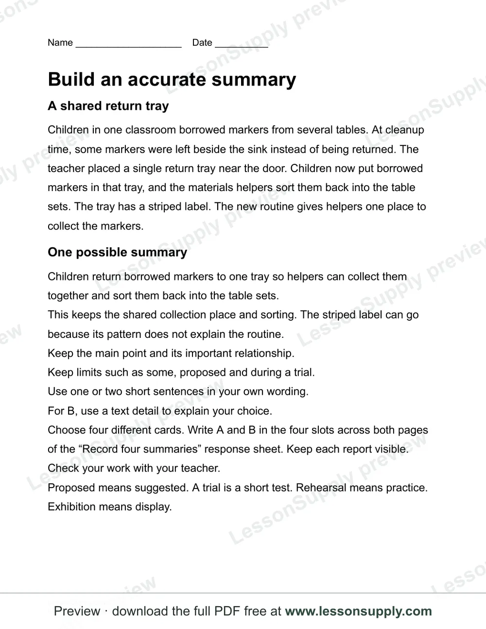 Worked return-tray report and summary with four criteria and directions