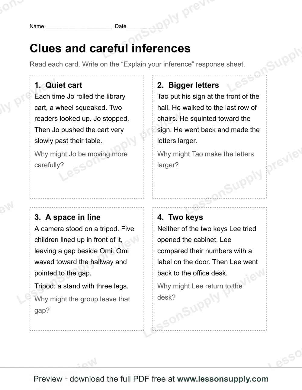 Clues and careful inferences task-card page with four numbered short texts about a quiet cart, larger sign letters, a photo space and two keys, each followed by a gray inference question.
