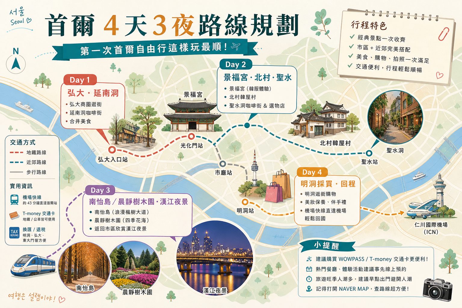 首爾 4 天 3 夜路線規劃地圖