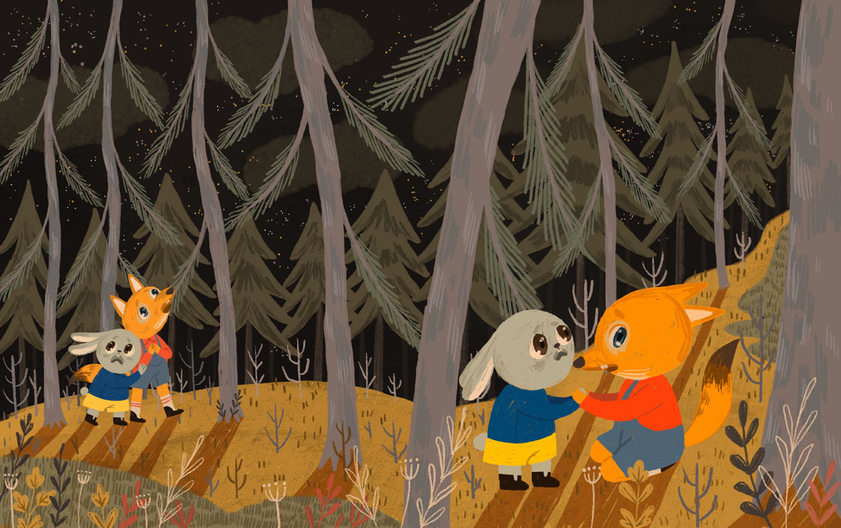Fox and rabbit are walking in the forest, they are scared because it is ...