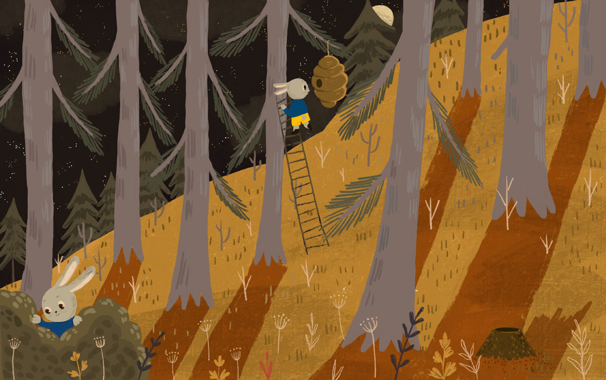 Fox and rabbit are walking in the forest, they are scared because it is ...