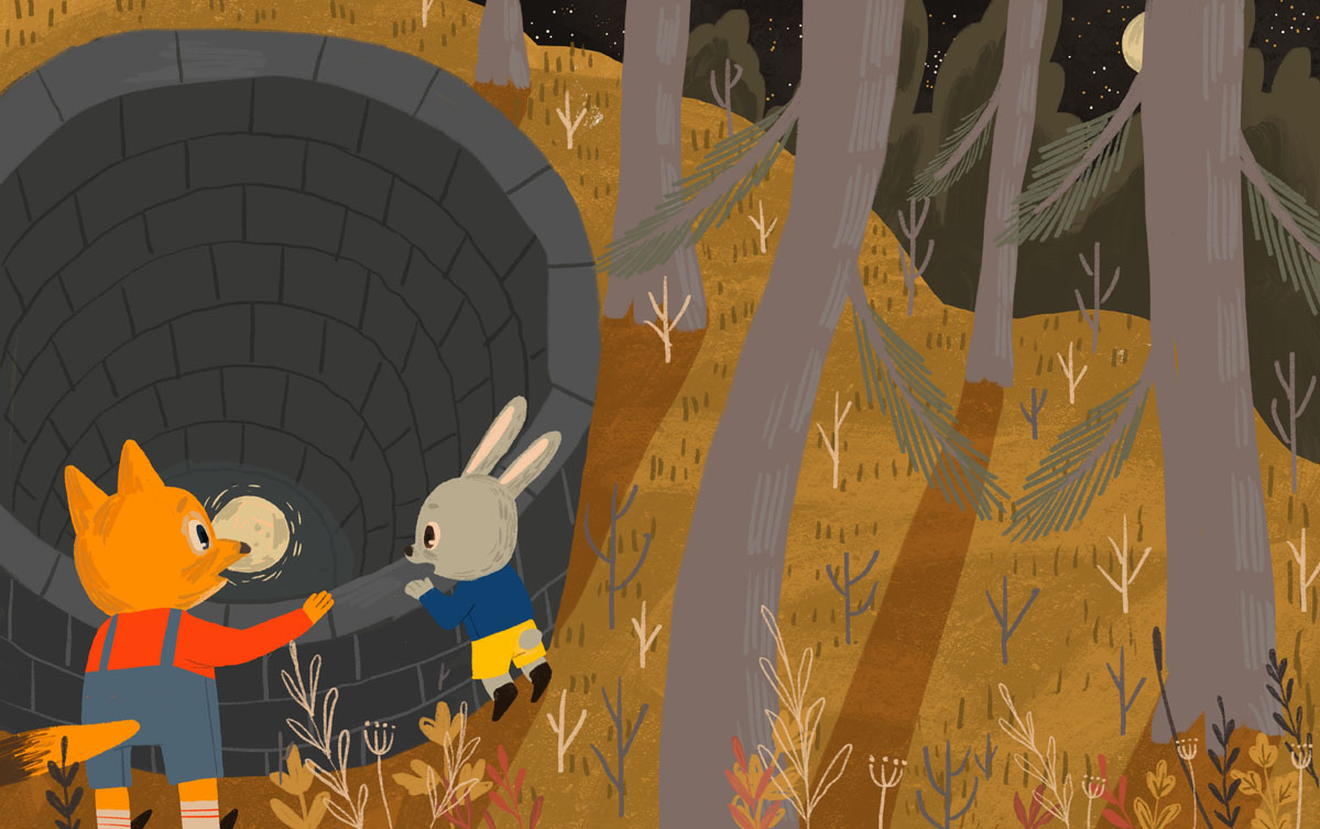 Fox and rabbit are walking in the forest, they are scared because it is ...