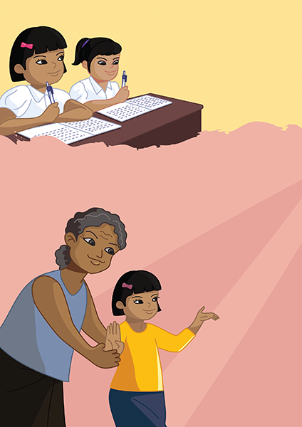 Two girls are reading from the same book. Later, both girls are looking ...