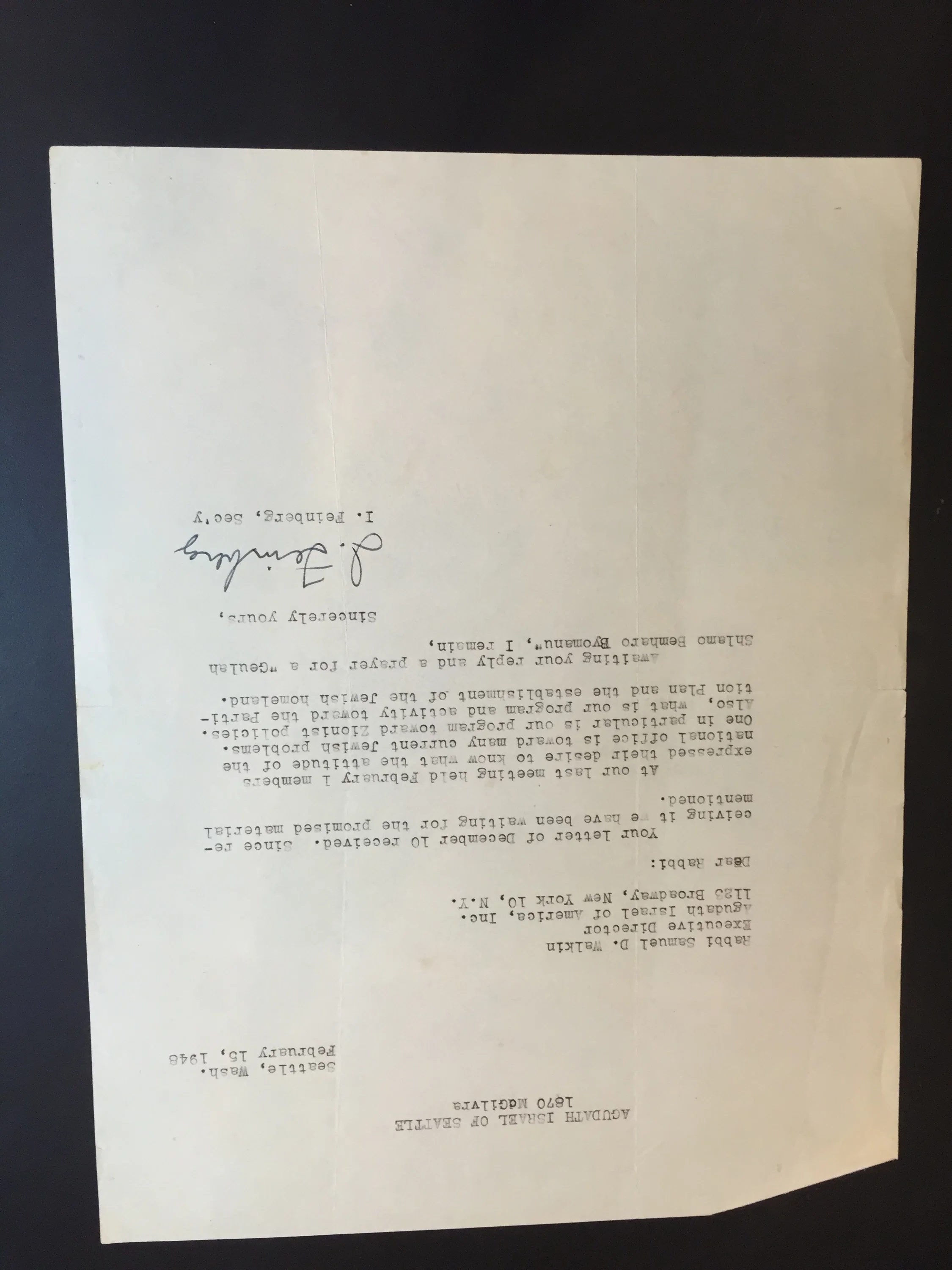 רבי שמואל דוד וואלקין מכתב מאת אגודת שיראל בארהב 1948