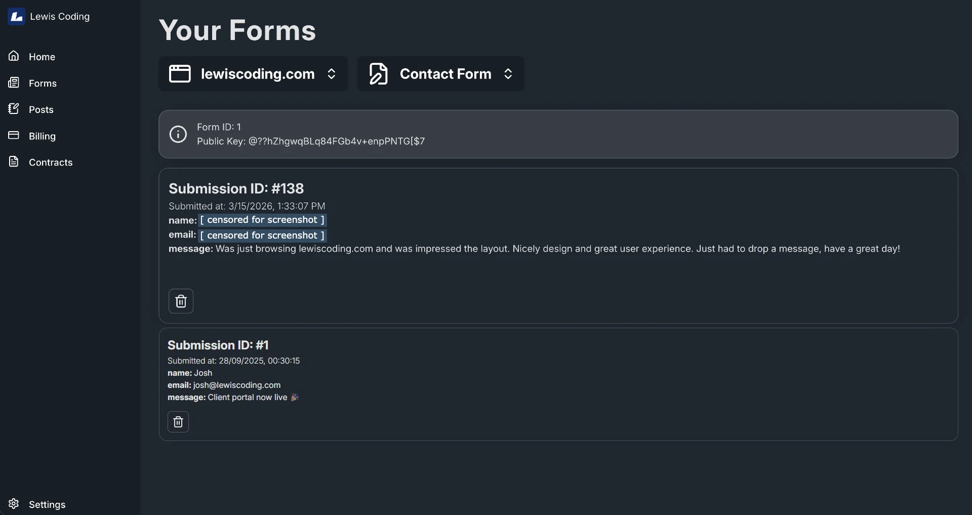 Lewis Coding Client Portal forms page showing contact form submissions and sender details