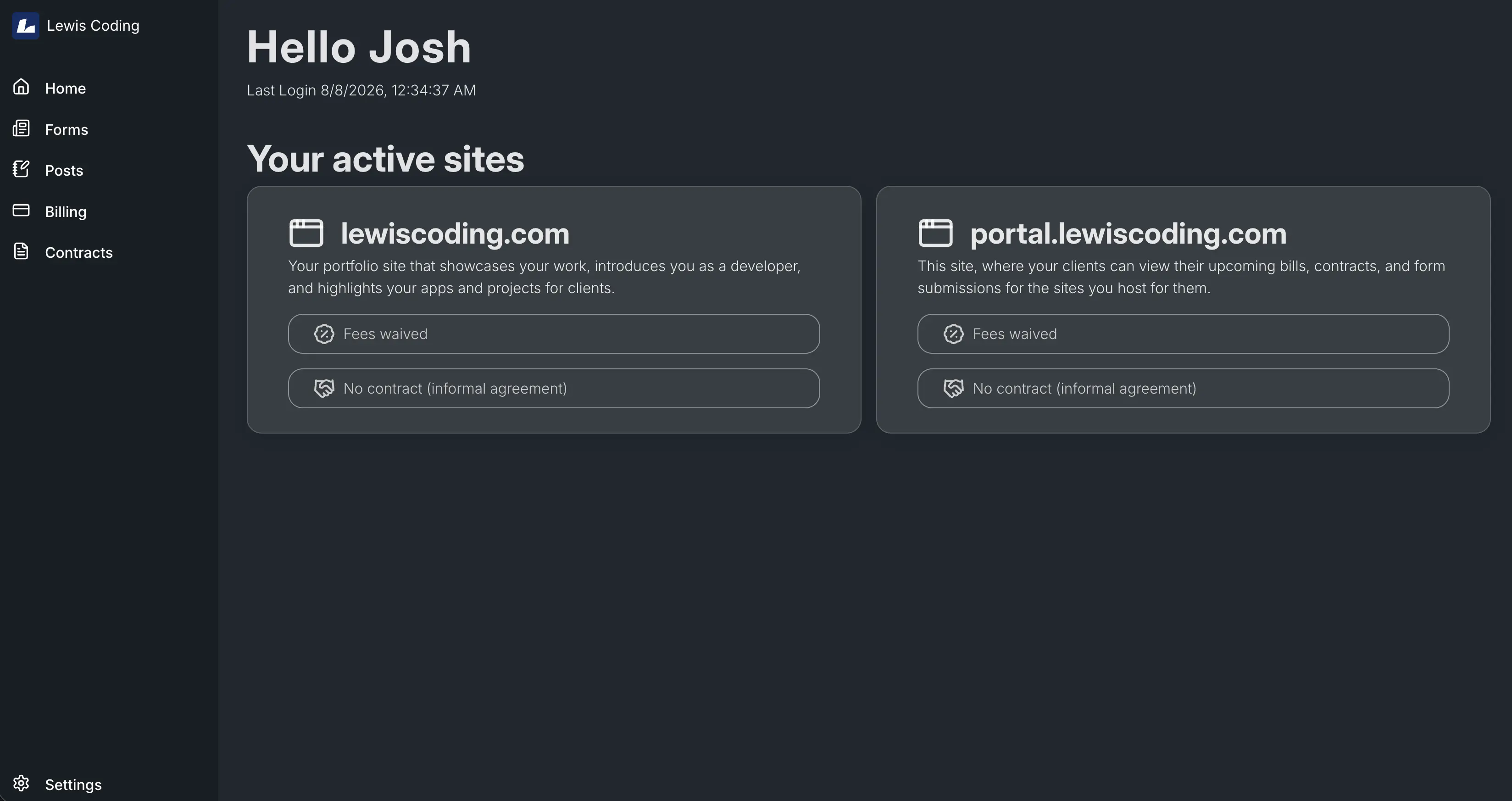 Lewis Coding Client Portal home dashboard showing two active client websites