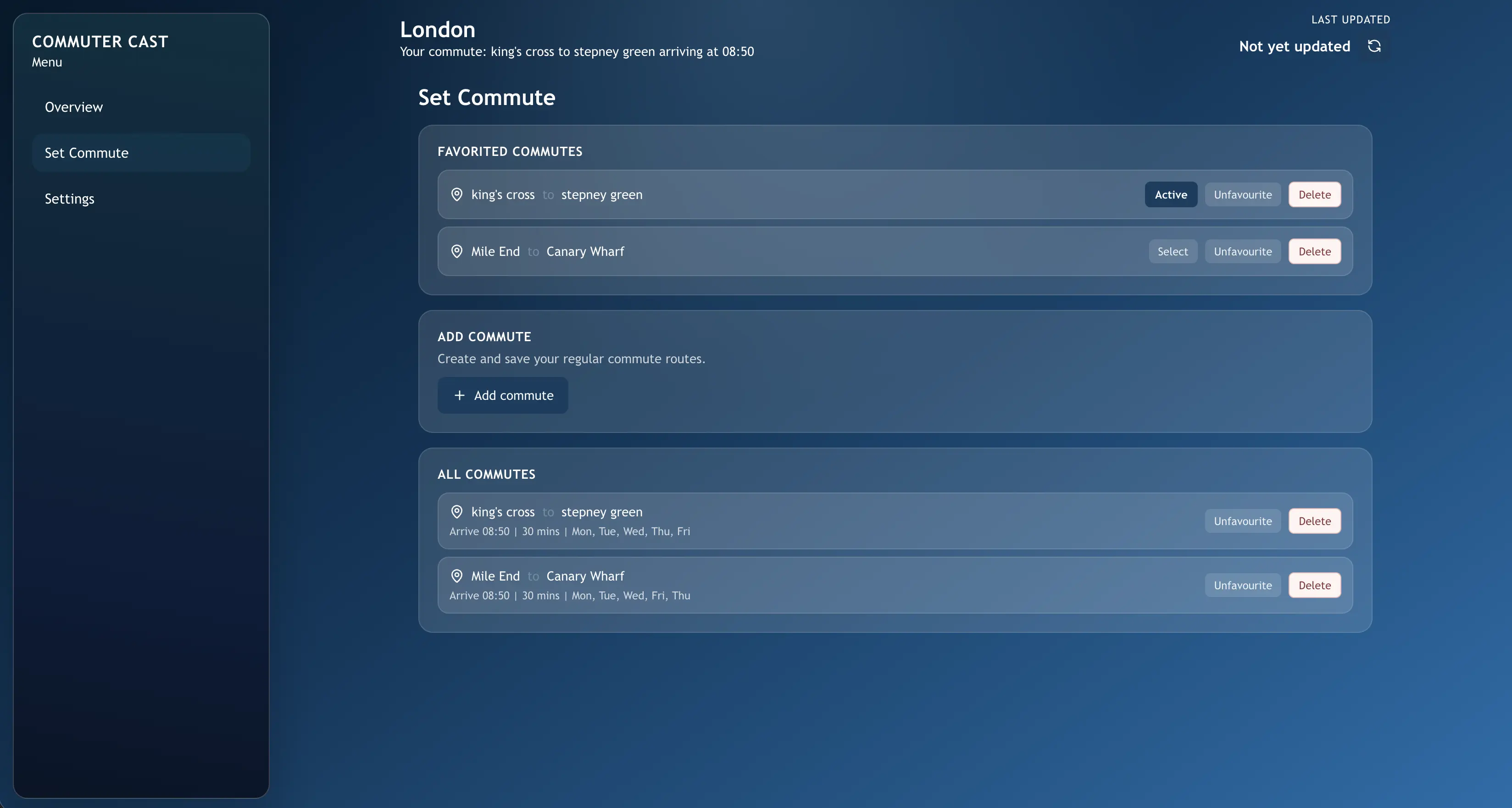 Commuter Cast Set Commute page showing favourite commutes and controls to add or manage routes