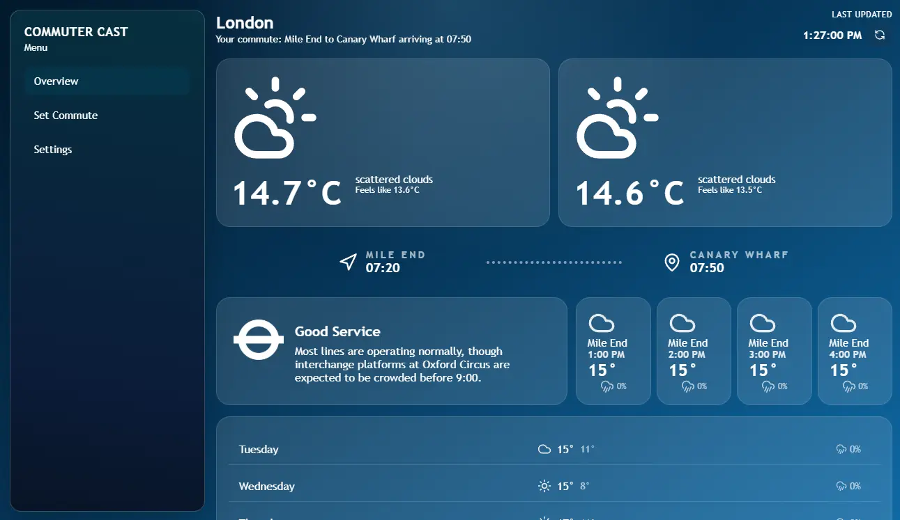 Commuter Cast overview dashboard showing current weather, Tube service status, commute times, and forecast cards