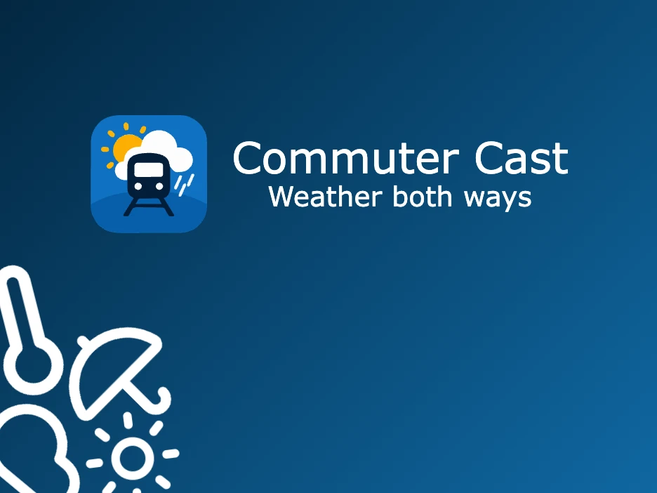 Commuter Cast logo with a train, weather symbols, and the tagline Weather both ways