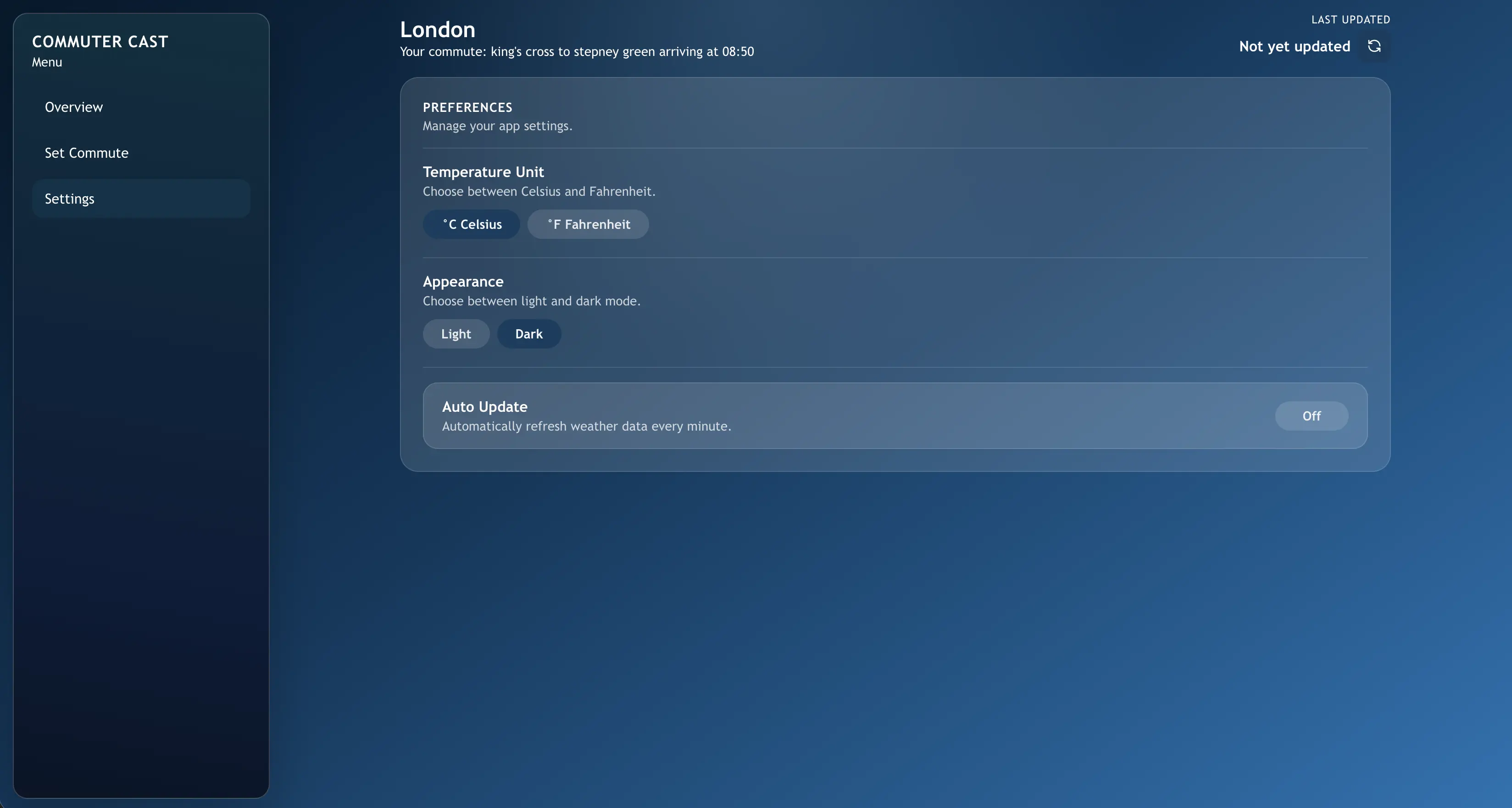 Commuter Cast settings page with temperature unit, appearance, and auto-update preferences