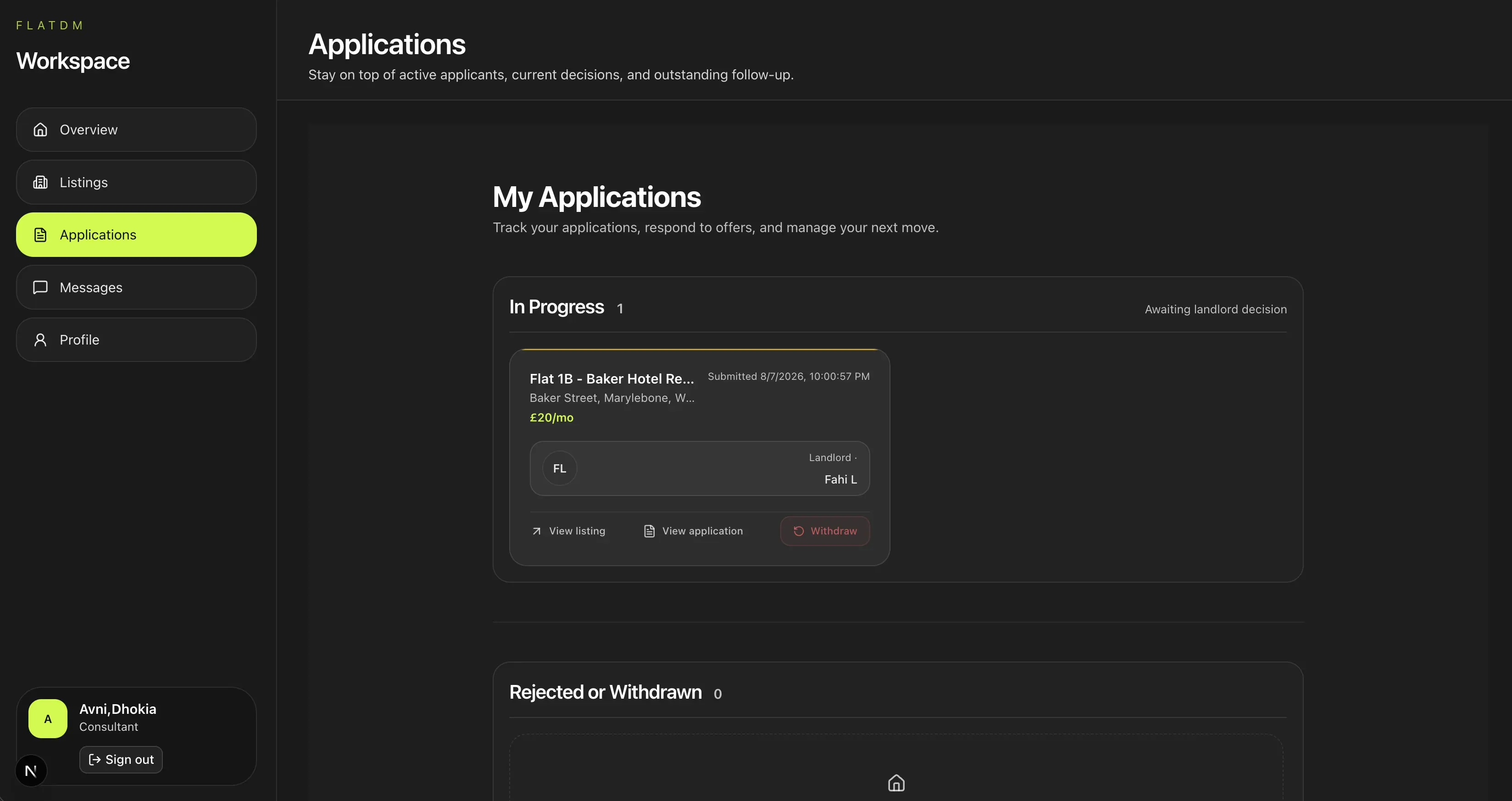 FlatDM applications dashboard showing an in-progress rental application and a rejected or withdrawn section