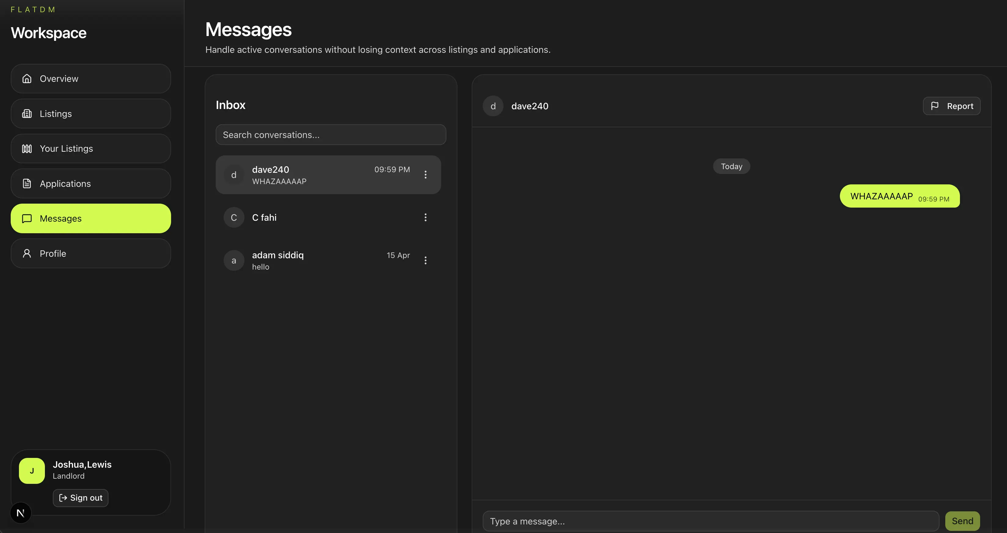 FlatDM messages page with a conversation list and an open chat between users