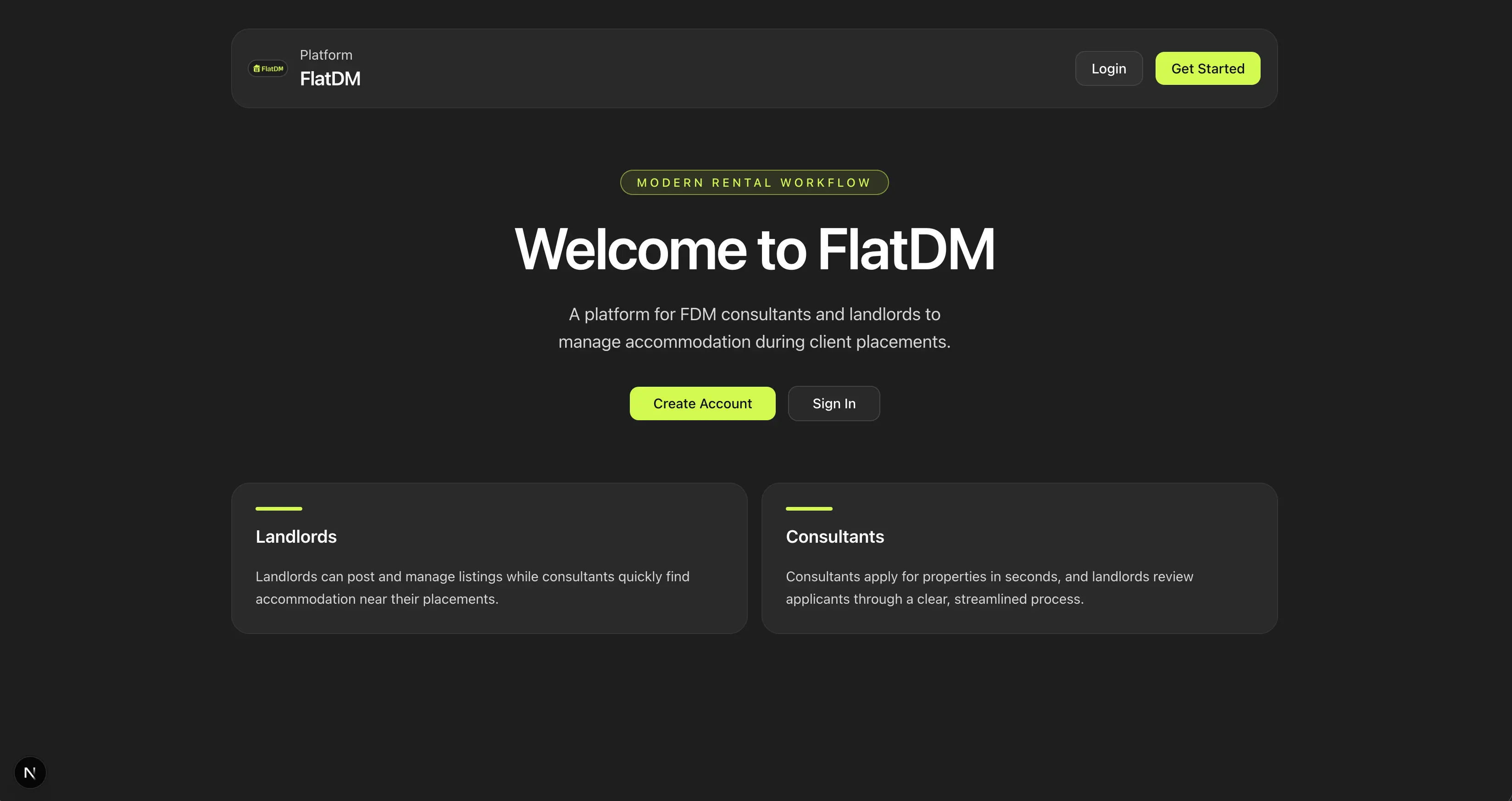 FlatDM landing page with login and sign-up actions and separate landlord and consultant role cards