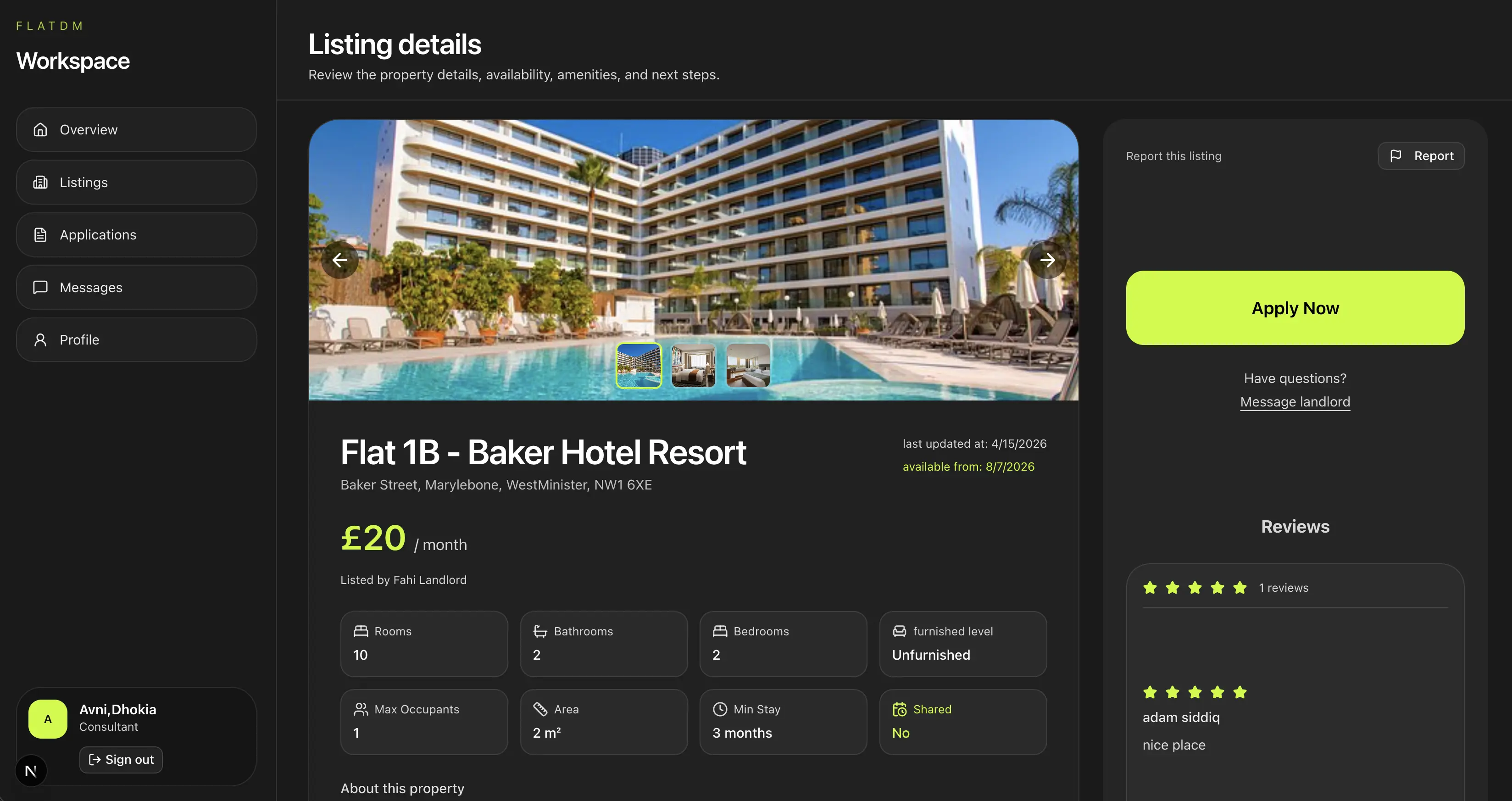 FlatDM property details page showing a rental listing with image, price, amenities, reviews, and an Apply Now button