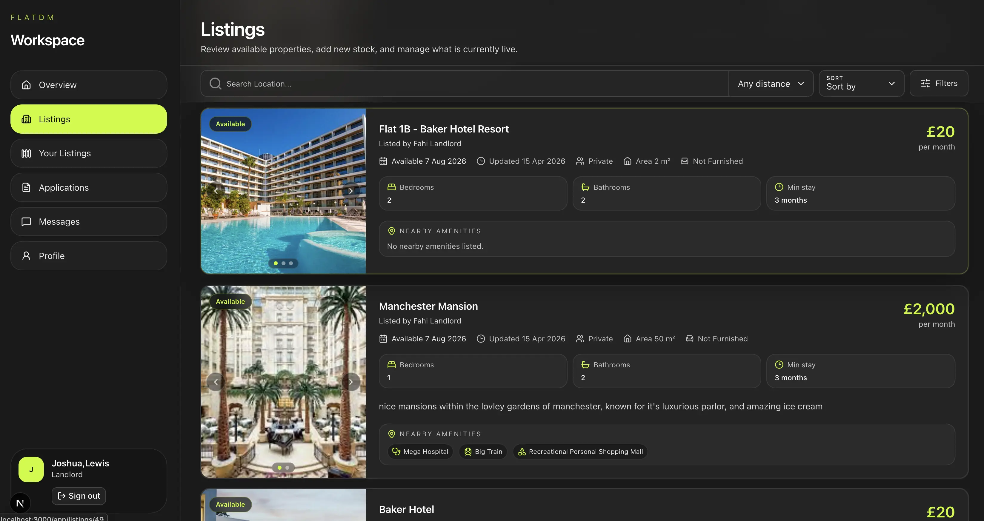 FlatDM listings dashboard showing multiple rental properties with photos, prices, amenities, and filters