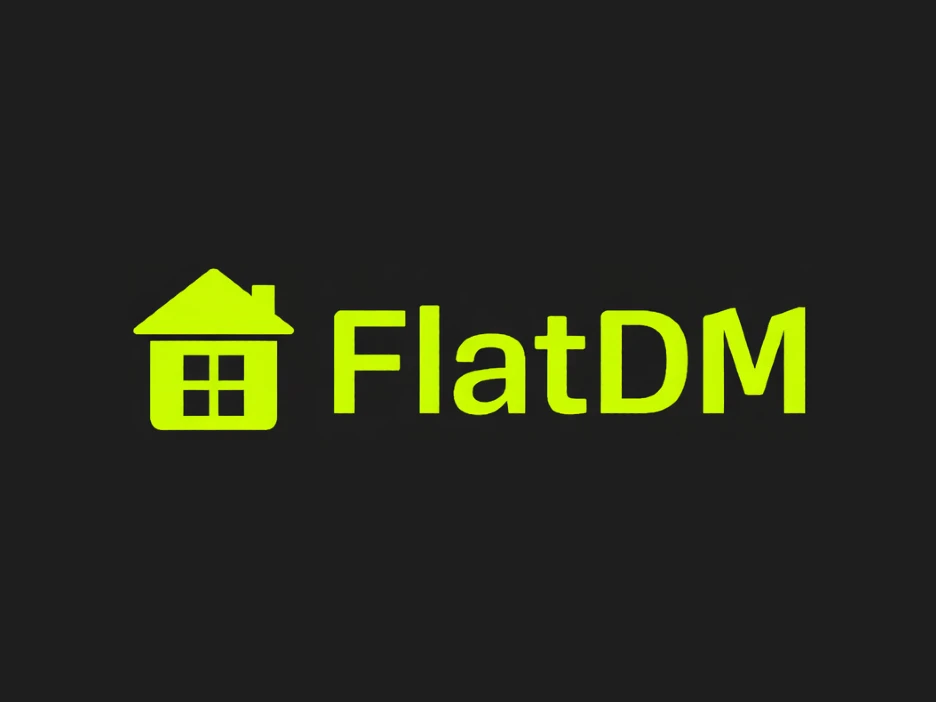 Neon green FlatDM wordmark with a house icon on a dark background
