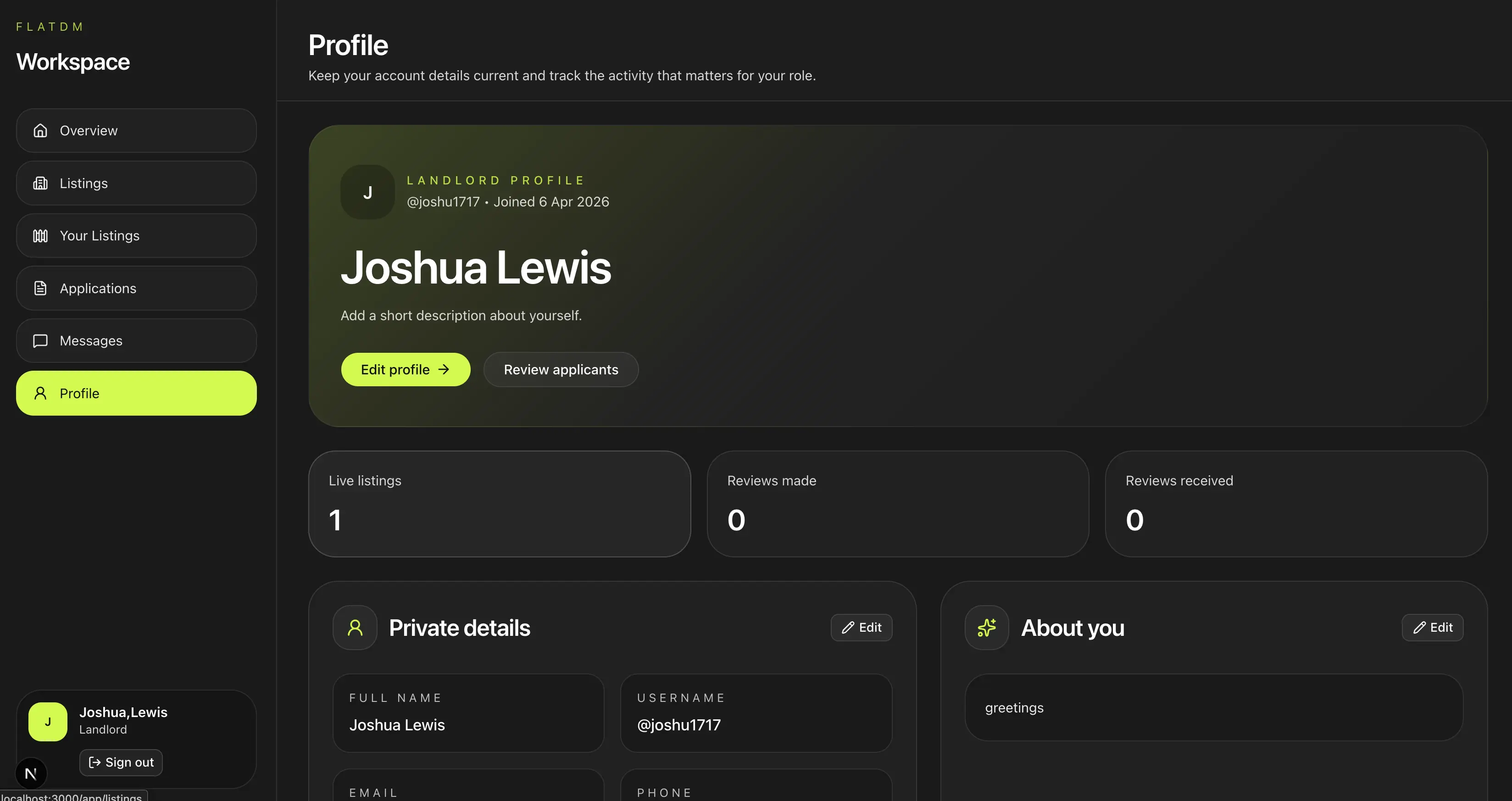 FlatDM landlord profile page showing account details, listing statistics, and editable profile sections