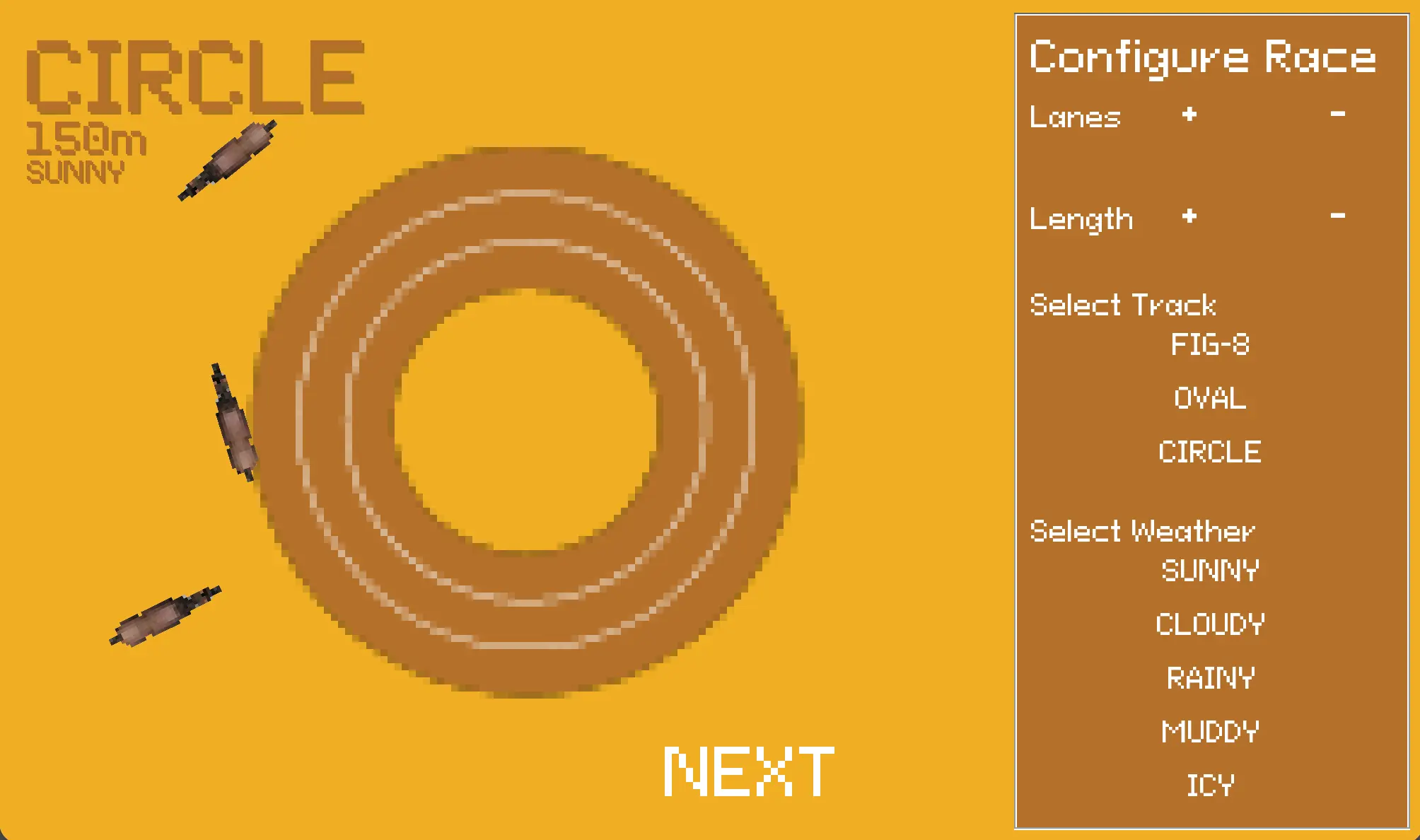 Horse Race Simulator race setup screen showing a circular track with horses and race configuration controls