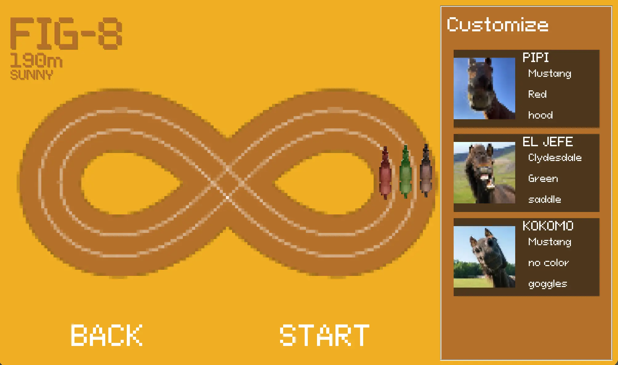 Horse Race Simulator customization screen showing a figure-eight track and three horses with breed, color, and accessory details