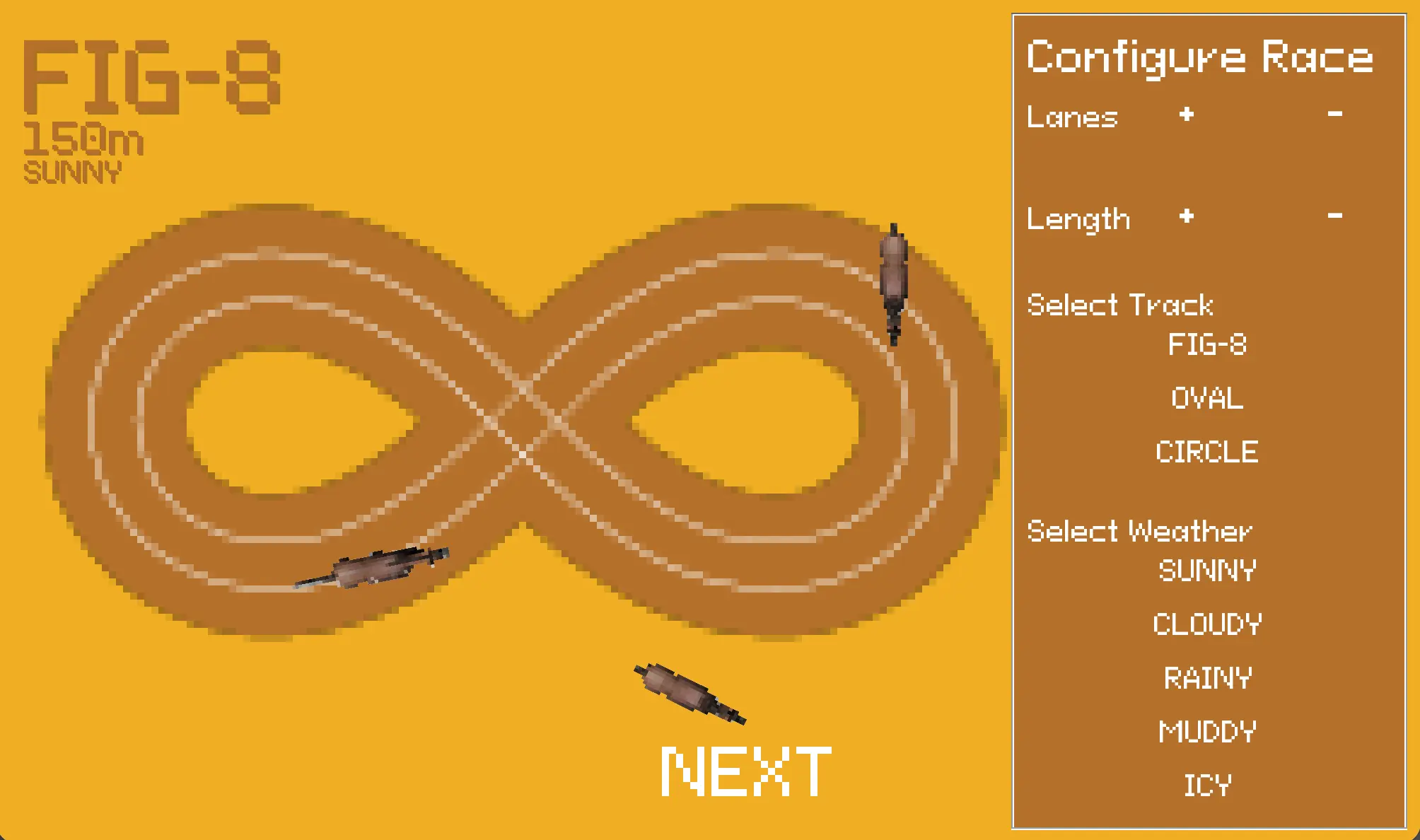 Horse Race Simulator race setup screen showing a figure-eight track, racing horses, and controls for lanes, length, track, and weather