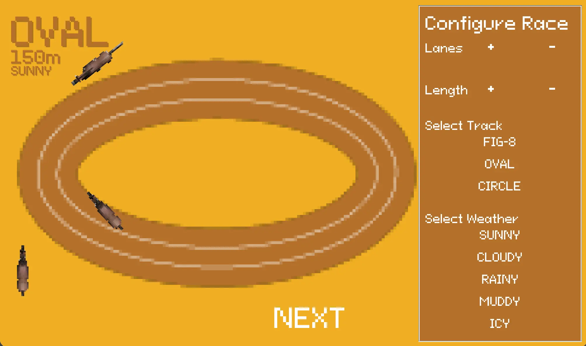 Horse Race Simulator race setup screen showing an oval track with horses and race configuration controls