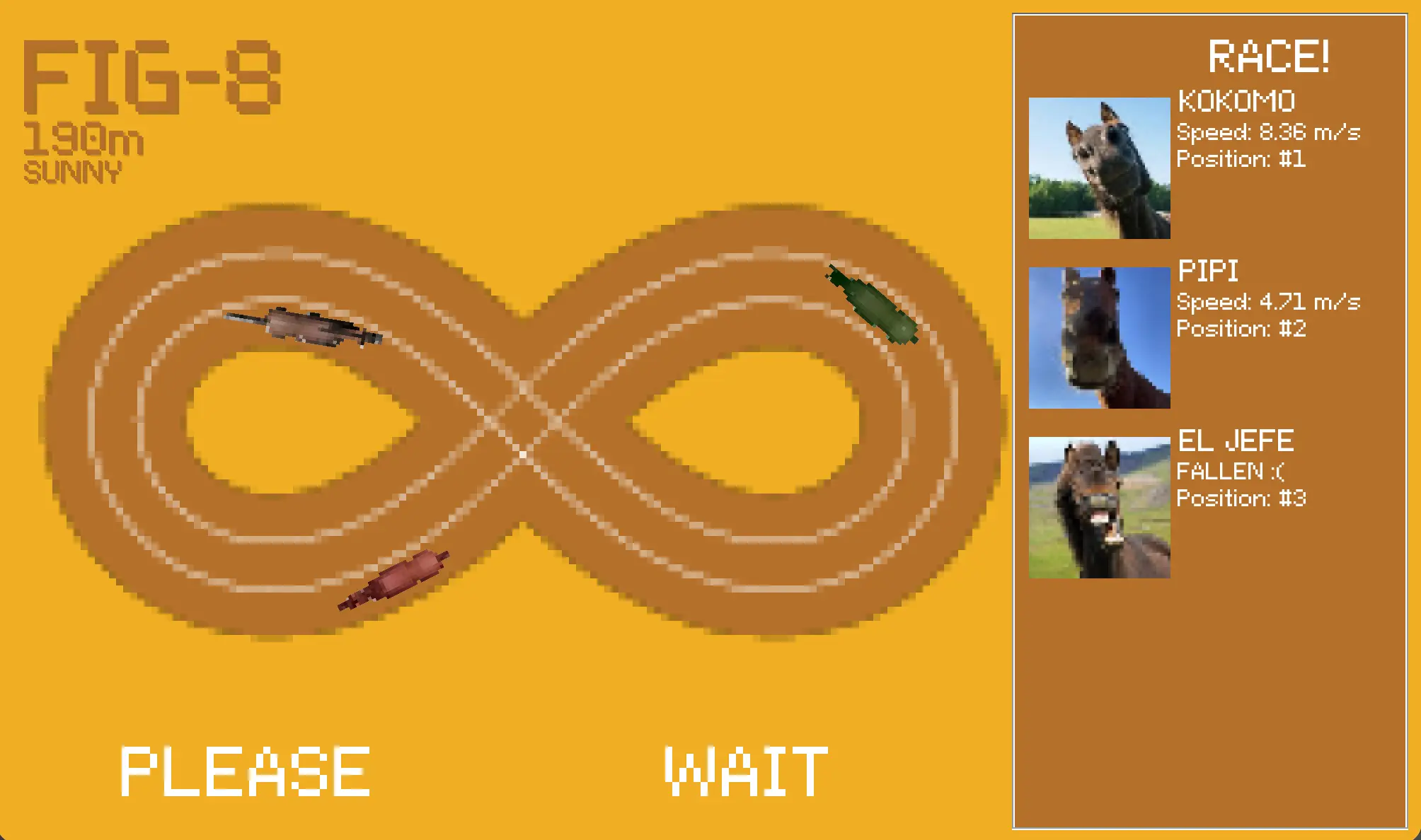Horse Race Simulator race in progress on a figure-eight track with a live leaderboard for three horses