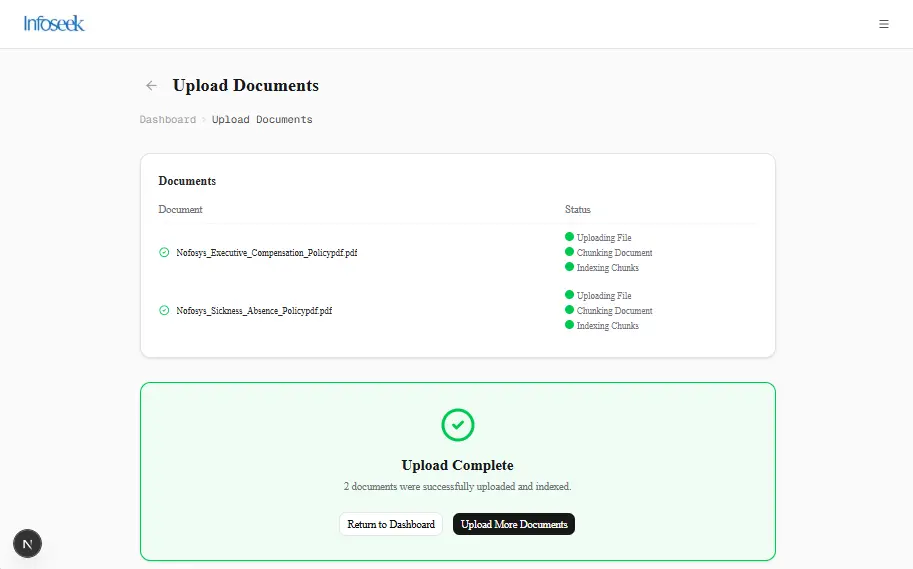 Infoseek upload documents page showing indexed files and a successful upload confirmation