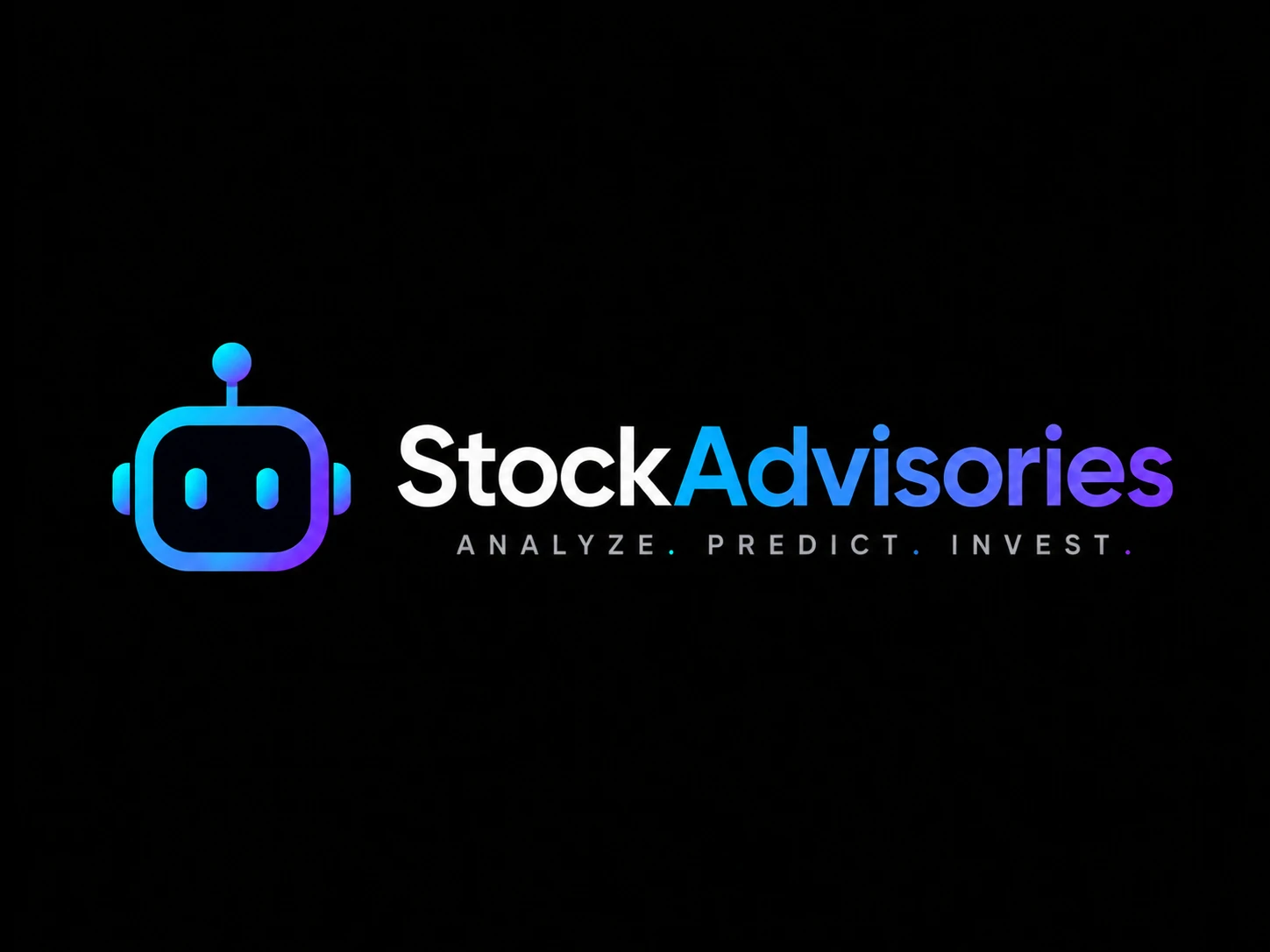 Stock Advisories logo with a blue and purple robot icon and the tagline Analyze. Predict. Invest.