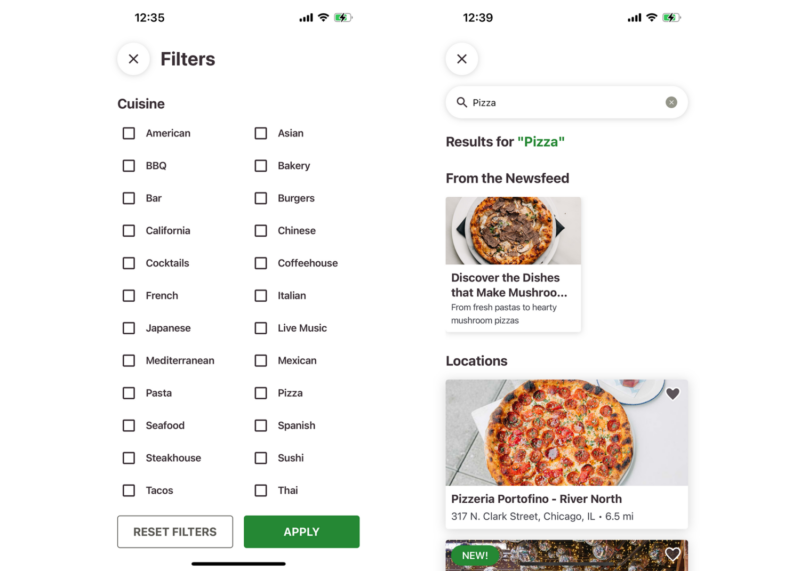 Screen shot of the Lettuce Eats App filters menu