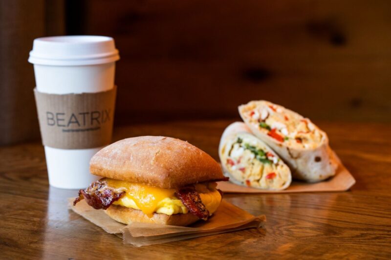 Beatrix Market Breakfast Sandwich and coffee