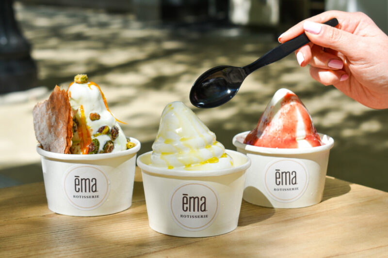 Pistachio frozen yogurt with phyllo, frozen yogurt with olive oil and sea salt and frozen yogurt with strawberry rhubarb topping at Rotisserie Ema
