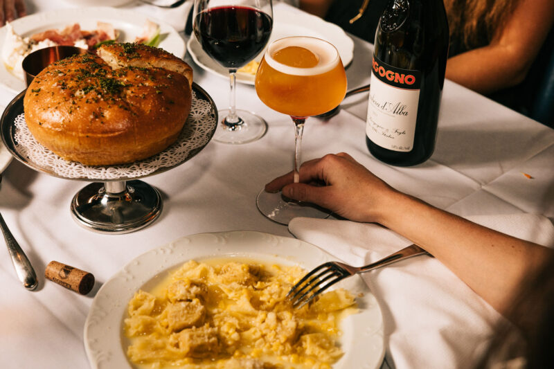 Pasta, focaccia, wine and the Garibaldi Banger cocktail at Tre Dita