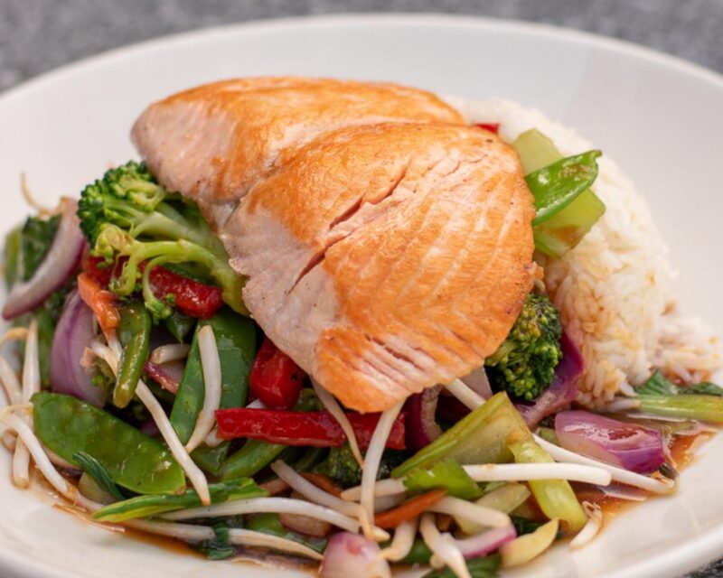 Big Bowl Fresh Salmon Stir Fry with veggies and jasmine rice