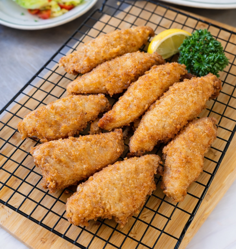 pieces of fried fish on a wire cooking rack