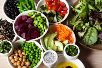 Vegetables in bowls ready for meal prepping