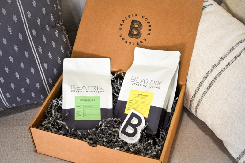 Beatrix Coffee Roasters box with coffee beans