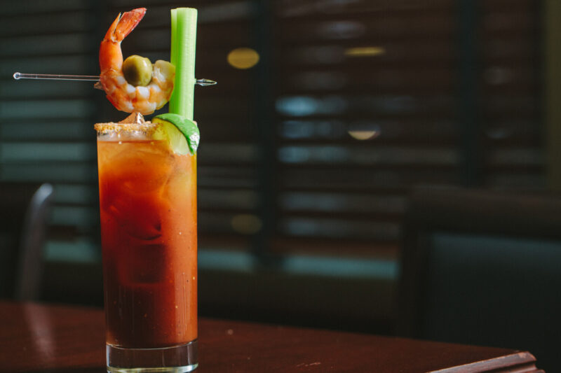 Joe's Bloody Mary topped with jumbo shrimp and olive