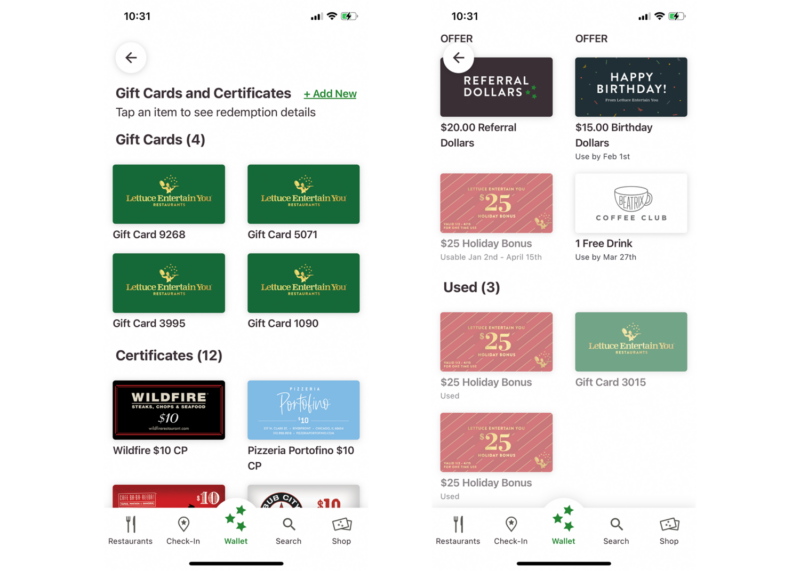 Screenshots of the LettuceEats App add gift cards feature