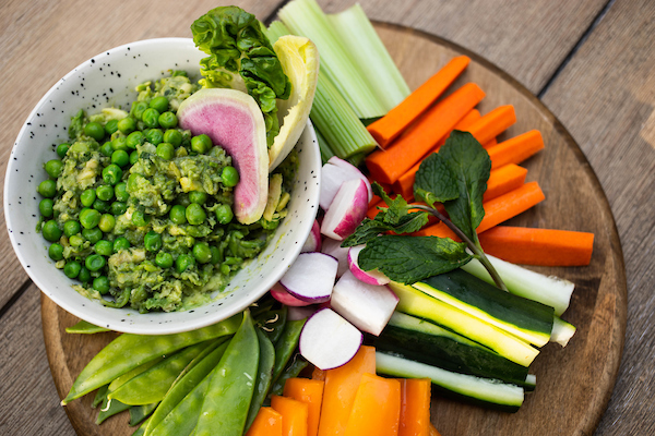 sweet pea and avocado spread with crudite inspired from Ema