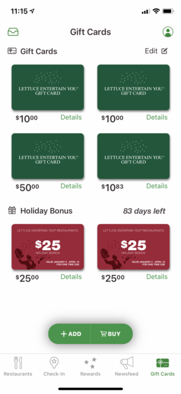 LettuceEats App Gift Card Screen