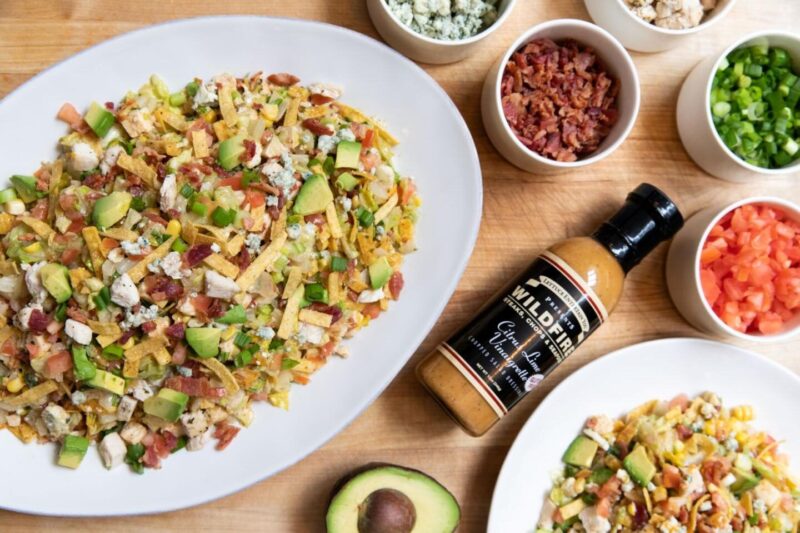 Chopped salad from Wildfire with several salad toppings and Wildfire vinaigrette