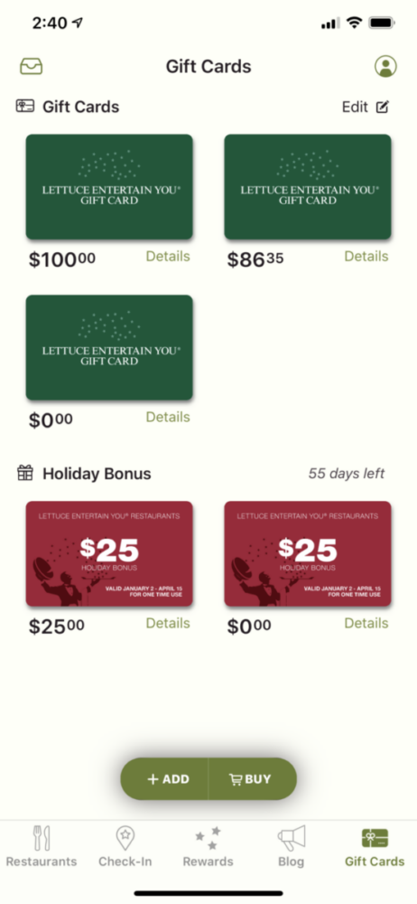 Presentation of LEYE gift cards in the LettuceEats App
