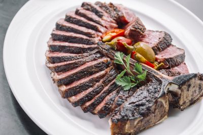 Beautiful plate of sliced porterhouse steak