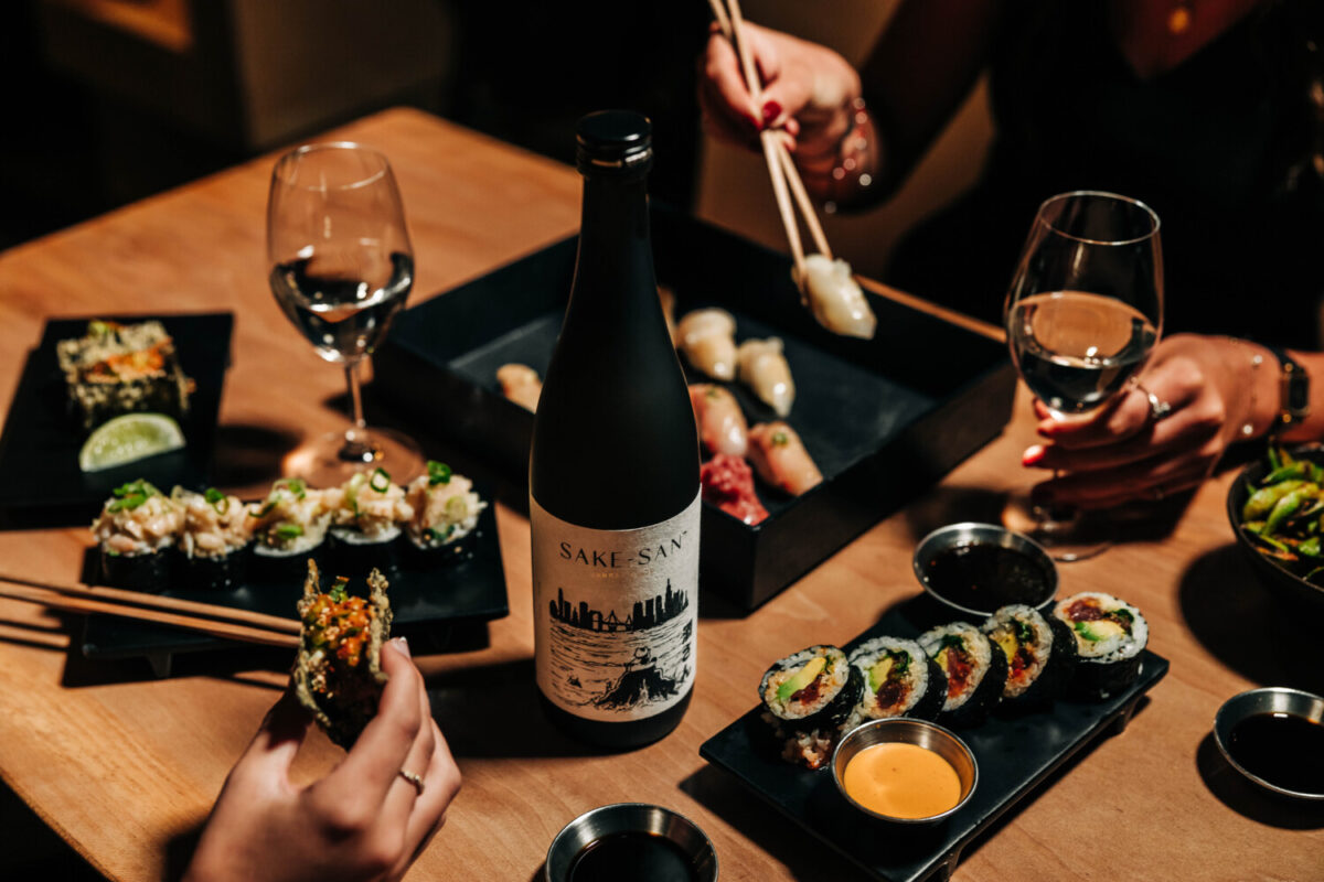 Sake asn bottle with sushi ant sushi san