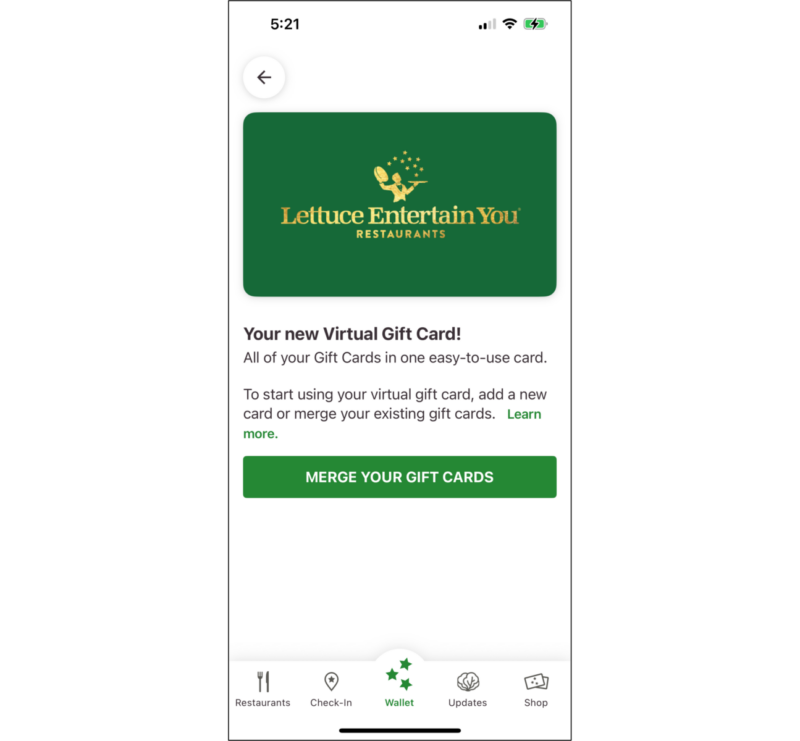 Screenshot of Virtual Gift Card in the LettuceEats App