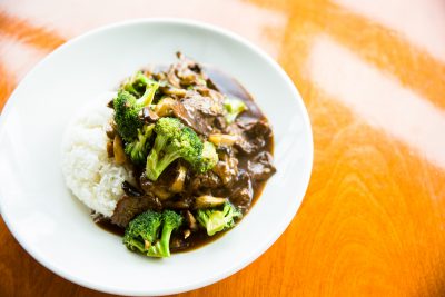 Bowl of Beef and Broccoli with white rice