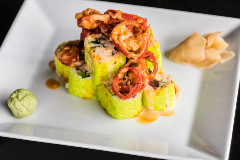 overhead photo of a volcano roll
