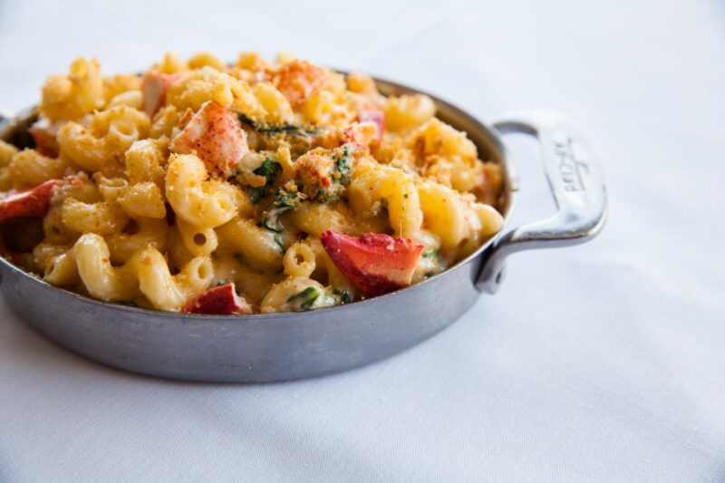 Pan of Shaw's lobster mac and cheese