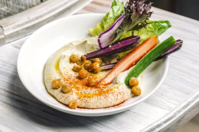 classic hummus from aba with crudite