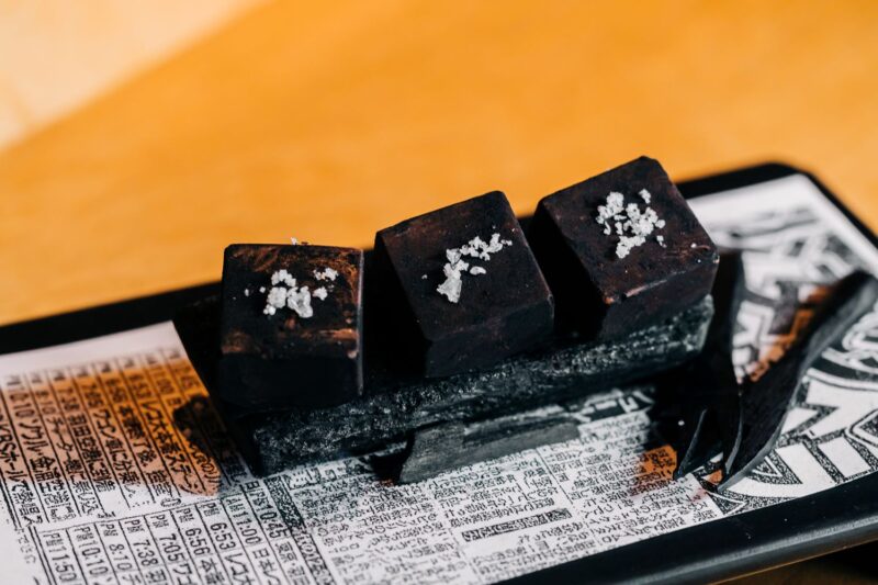 A plate with three Nama Chocolates at Sushi-san